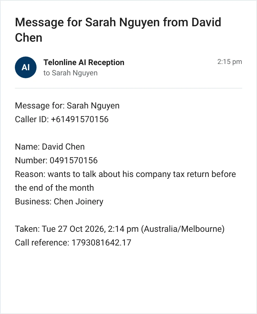 Example message email from AI Reception with the caller's name, number and reason for calling