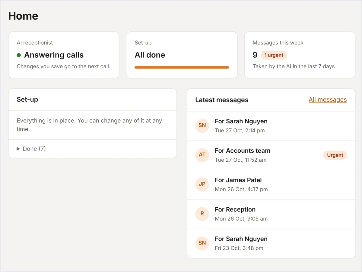 Telonline AI Reception portal showing calls and messages for a demo business